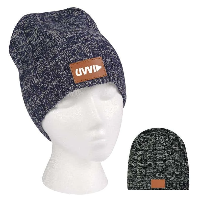 Variegated Ribbed Acrylic Knit Beanie Cap With Leatherette Patch 3 Variegated Ribbed Acrylic Knit Beanie Cap With Leatherette Patch