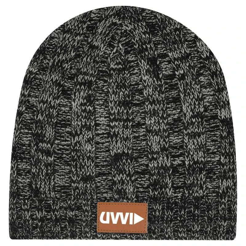 Variegated Ribbed Acrylic Knit Beanie Cap With Leatherette Patch 6 Variegated Ribbed Acrylic Knit Beanie Cap With Leatherette Patch - Image 4