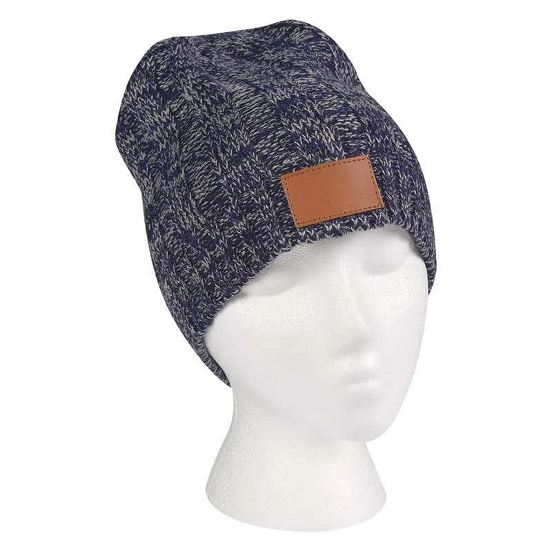Variegated Ribbed Acrylic Knit Beanie Cap With Leatherette Patch 5 Variegated Ribbed Acrylic Knit Beanie Cap With Leatherette Patch - Image 3