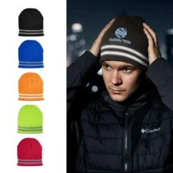 Reflective Stripe Acrylic Knit Beanie Cap
