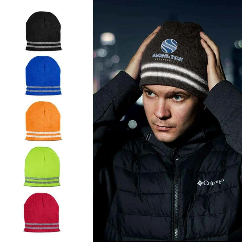 Reflective Stripe Acrylic Knit Beanie Cap 3 Reflective Stripe Acrylic Knit Beanie Cap