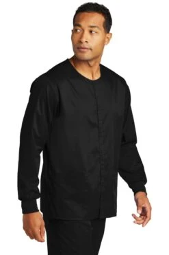 WonderWink® Unisex WorkFlex™ Snap-Front Scrub Jacket -Gildan T-Shirts Shop ww3080 black model 3q