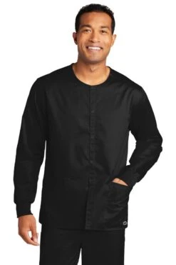 WonderWink® Unisex WorkFlex™ Snap-Front Scrub Jacket -Gildan T-Shirts Shop ww3080 black model front