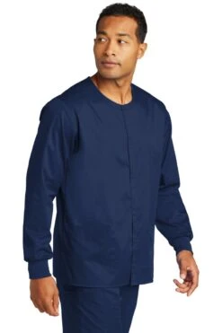 WonderWink® Unisex WorkFlex™ Snap-Front Scrub Jacket -Gildan T-Shirts Shop ww3080 navy model 3q