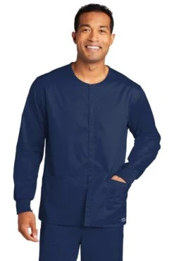 WonderWink® Unisex WorkFlex™ Snap-Front Scrub Jacket -Gildan T-Shirts Shop ww3080 navy model front